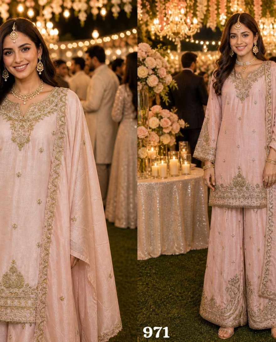 PINK - Chinon Silk Peach Party Wear Embroidery Work Readymade Plazzo Suit